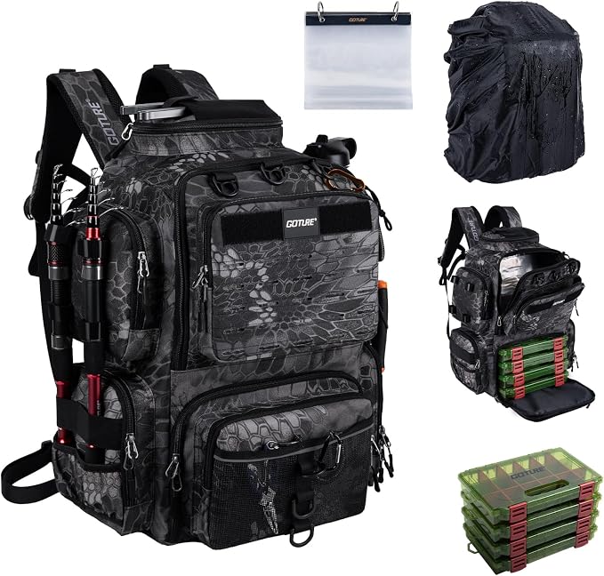 Goture Fishing Backpack with 4 Tackle Boxes,900D Water-Resistant Tackle Backpack with Rod Holders,SBS Zippers,45L Large Tackle Storage Gear Bag with Rain Cover,Bottle Holder for Travel Camping Hiking