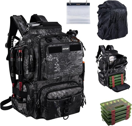 Goture Fishing Backpack with 4 Tackle Boxes,900D Water-Resistant Tackle Backpack with Rod Holders,SBS Zippers,45L Large Tackle Storage Gear Bag with Rain Cover,Bottle Holder for Travel Camping Hiking