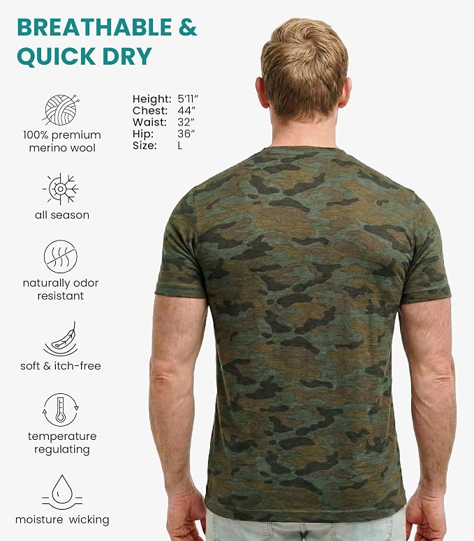 Merino Wool T-Shirt Mens - Merino Wool Undershirt Thermal Shirt for Men and Hiking Socks