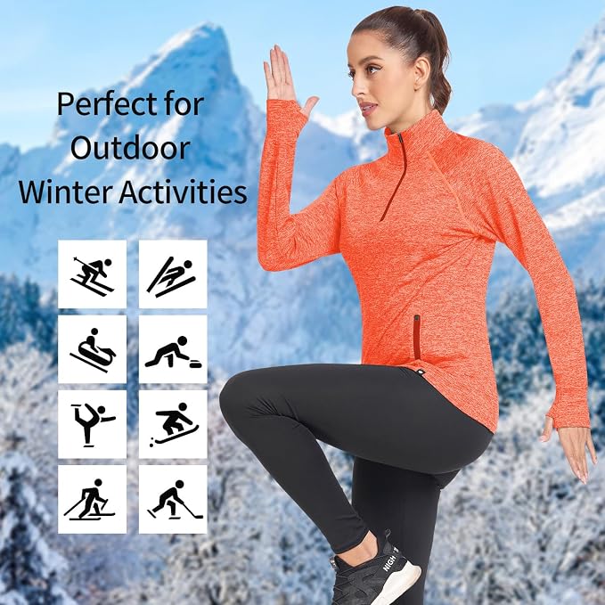 Soneven Women's Thermal Fleece Running Shirts Warm Winter Pullover Cold Weather Workout Hiking Tops with Thumb Holes Pockets