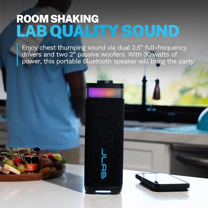 JLab, JBuds Party, Portable Bluetooth Speaker, IP56 Waterproof, Multi-Speaker Connect, RGB Lighting, Black