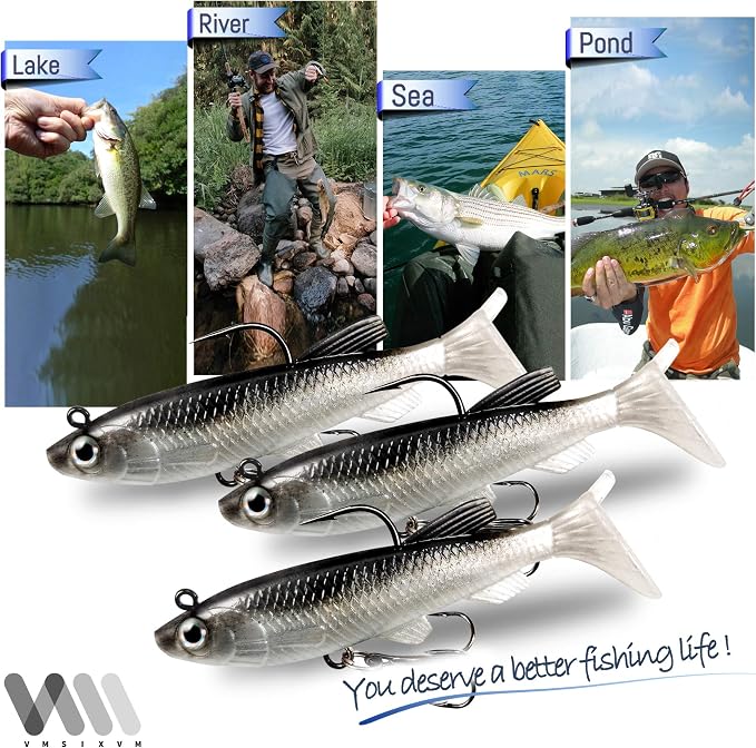 Soft Fishing Lures Shad Minnow Swimbaits, Pre-Rigged Jig Heads Paddle Tail Swim Baits for Bass, Trout, Walleye, Crappie, Sinking Jigs Bait for Saltwater Freshwater, Fishing Gifts for Men