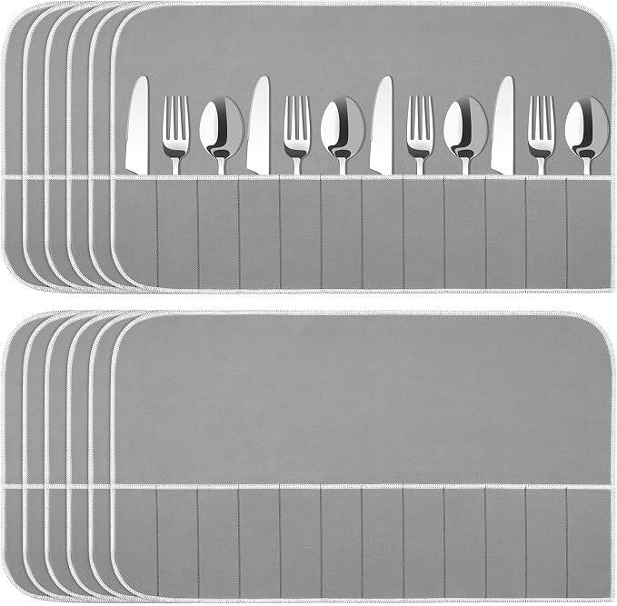 Hillban 12 Pcs Anti Tarnish Silver Storage Bags Silver Storage Cloth Felt Flatware Organizer Anti Tarnish Protector Bags Place Setting Roll with White Ribbon for Kitchen Cutlery (12 Slots,Grey)