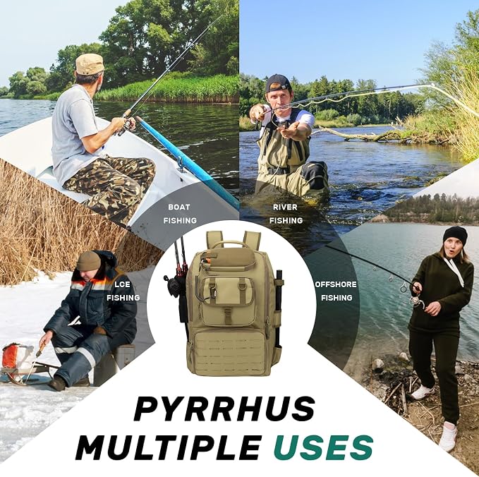 Pyrrhus 40L Fishing Backpack with Rod Holders & Insulated Cooler Compartment, Camping Cooler Tackle Storage for Anglers