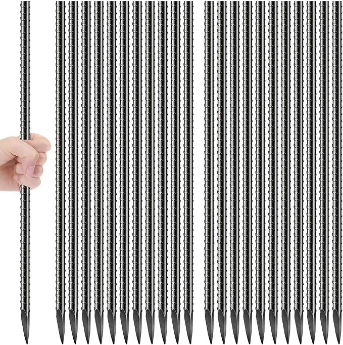 Jetec 24 Pcs 24 Inch Black Ground Rebar Stakes Heavy Duty Ground Anchors Steel Plant Support Garden Stake Long Straight Metal Spikes with Chisel Point End for Garden Concrete Plant Tent