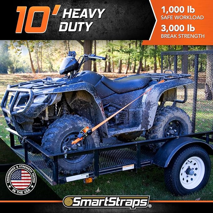 SMARTSTRAPS 10’ Retractable Ratchet Straps, 2 Pack – 3,000lb Break Strength, 1,000lb Safe Work Load — Haul Motorcycles, Boats, and Appliances with Patented Technology Heavy Duty Ratchet Straps