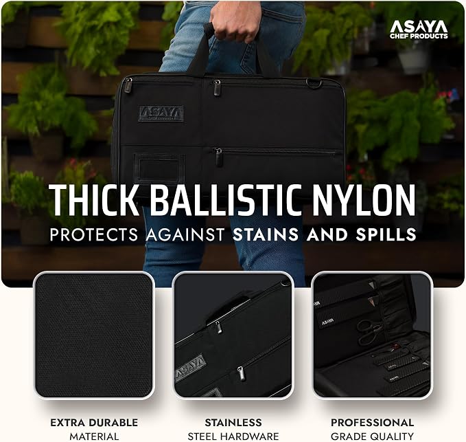 Asaya Chef Knife Bag - 28-Pocket Knives Carrying Case for Kitchen Tools and Utensils, Ballistic Nylon Chef Knife Roll Bag with Adjustable Shoulder Strap - Knives Not Included (Black)