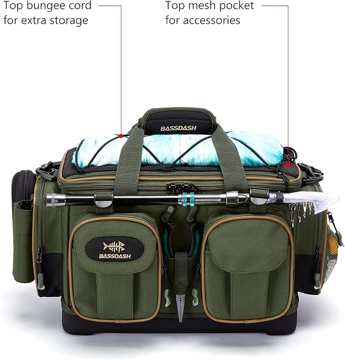 BASSDASH Fishing Tackle Shoulder Bag Water Resistant Lightweight Gear Storage Pack with Hard Molded Bottom Rain Cover