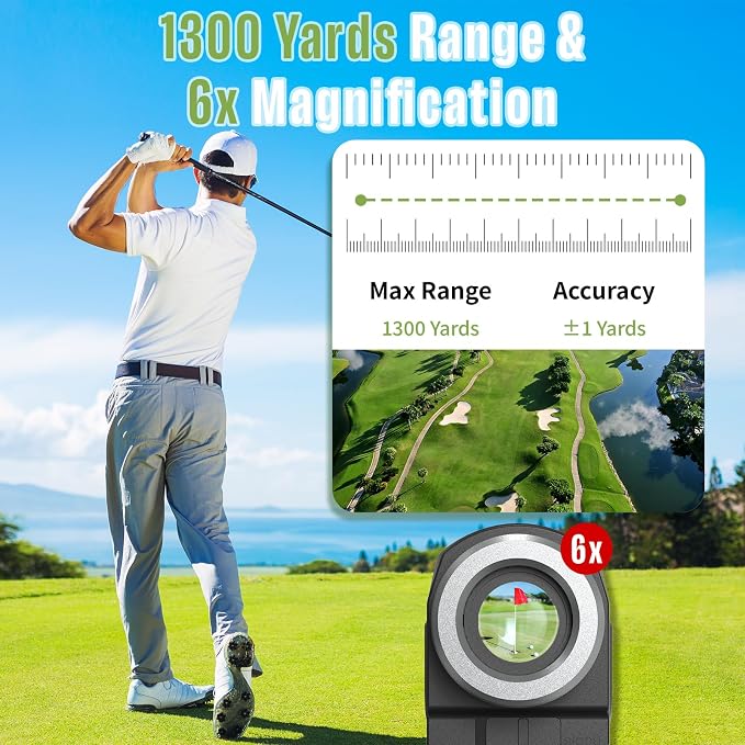 Golf Rangefinder & Hunting Range Finder with Slope Switch, 1300 Yards, 6X Magnification, Rechargeable Battery, Magnet Stripe, Flag Pole Locking Vibration, Golfing Accessories for Men