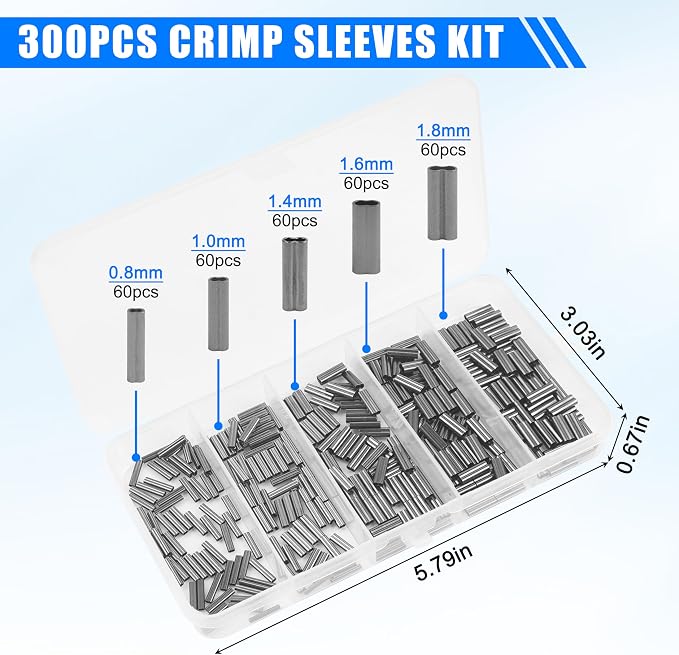 Fishing Crimping Tool Kit Wire Crimping Tool Stainless Steel Fishing Crimping Pliers with 300pcs Aluminum Crimp Sleeves Kit Effort-Saving Wire Crimper Tool, 4 Size Crimp Sleeves Fishing Tackle Pliers