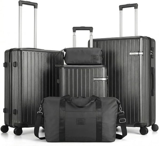 Hoteel Luggage Sets 5 Piece (4-YEARS WARRANTY), ABS+PC Suitcases with Wheels and Side Hook, Hardshell 20/24/28 inch Luggage with Duffel Bag Travel Bag, Black