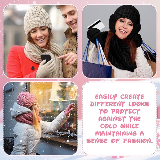 16 Pcs Women Hat Scarf Gloves Ear Muffs Set Winter Knitted Pom Beanie Hats Scarf Touch Screen Gloves for Men Adult Homeless