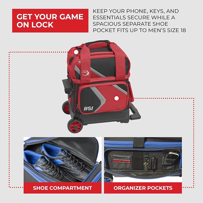 BSI Dash Roller Bowling Bag with Smooth Rolling Wheels, Padded Ball Compartment, Retractable Locking Handle, & Shoe Pocket