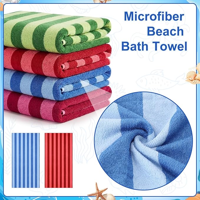 Gilprop 4 Packs Oversized Stripe Beach Towels Microfiber Pool Towel with Bags & Clips Soft Absorbent Quick Dry Camping Towels for Women Men Travel Families Swim (60×30 in,Multicolor)