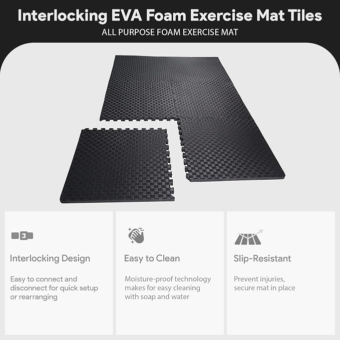 BalanceFrom 6 Piece Foam Floor Mat Puzzle Tiles, 3/4” Thick, 24 Sq Ft, Black