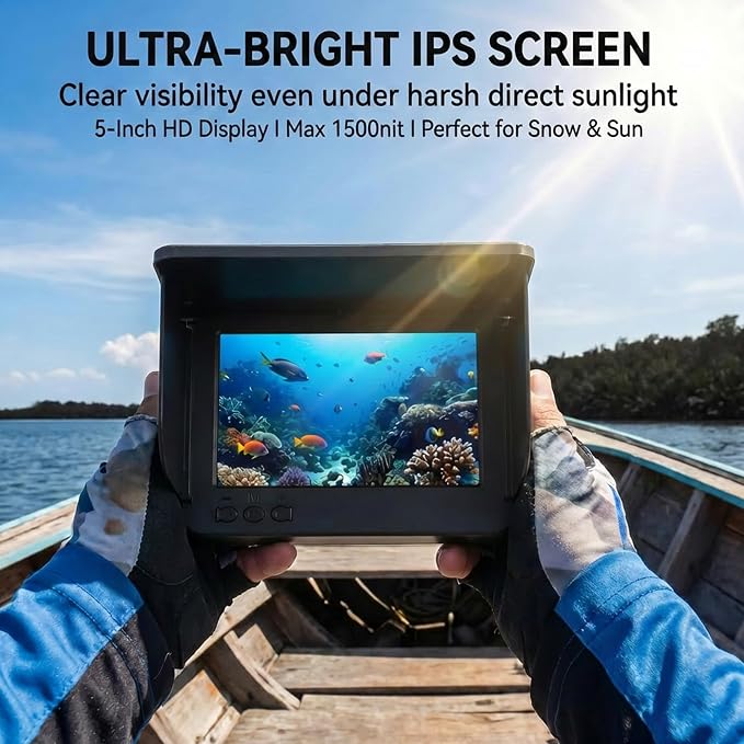 Portable Underwater Camera Fish Finder: 5 Inch IPS with 8000mAh Battery IP68 Waterproof Camera 220°Wide Angle for Lake & Murky Water | Depth Finder for Ice Fishing/Boats/Kayaks