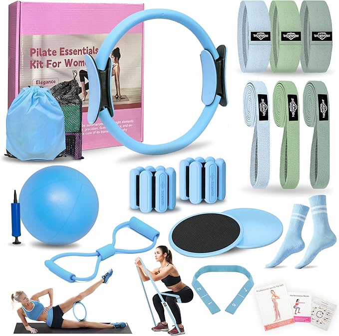 DICYWUDI Pilates Essentials Kit for Home Women, Pilates Equipment for Workouts, 6 Fabric Resistance Bands, 12 Inch Magic Circle Yoga Ring, Mini Exercise Ball, Great Exercise Equipment