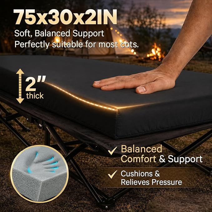CYMULA Camping Cot Pad 2 Inch Memory Foam, Camping Pad for Folding Cot and Foldable Cot, Portable Roll Up Camp Gear for Car Camping Travel Tent, Non-Slip Waterproof Bottom, Removable Cover, Pad Only