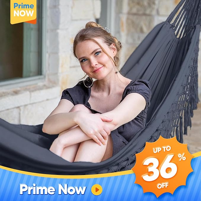 SUNCREAT Extra Large Double Hanging Hammock for Camping, Hammocks for Outside 2 Person Heavy Duty, Dark Gray with Tassels