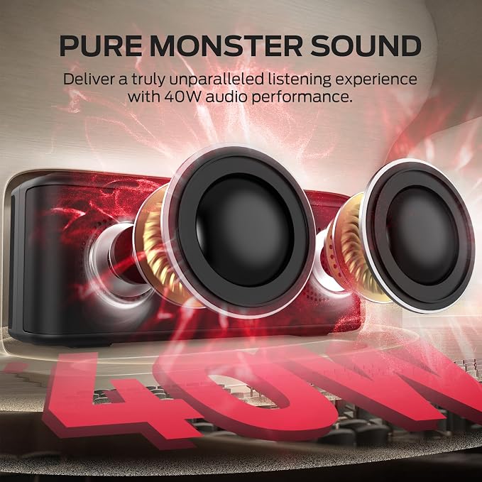 Monster Shock Plus Bluetooth Speaker,Portable Speaker with 40W Loud Stereo Sound,Bluetooth 6.0,TWS Pairing, 20H Playtime, Support AUX/TF Card, IPX6 Waterproof Wireless Speakers for Travel,Home,Outdoor