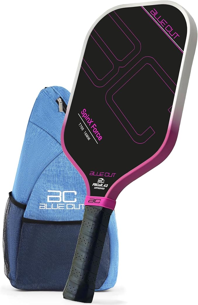 Blue Cut Pickleball Paddle – USAPA Approved Pickleball Paddles Racket with T700 Carbon Fiber, 16mm Honeycomb Core, Spin Surface, Pro Power Speed & Control – Includes Carry Bag