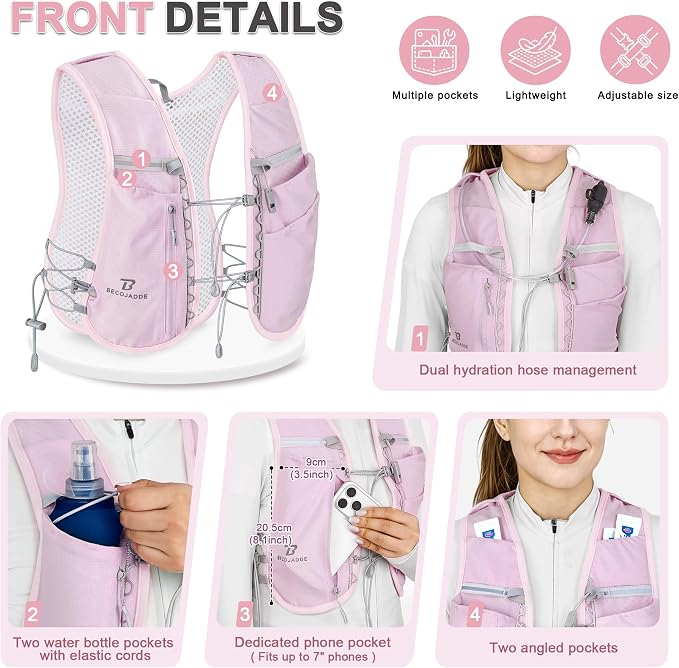 BECOJADDE 5L Running Vest for Women, Hydration Backpack Lightweight & Breathable for Trail Running, Marathon, Hiking, Cycling