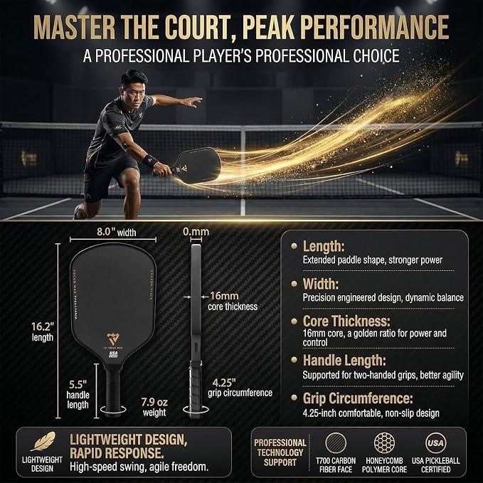 T700 Carbon Fiber Pickleball Paddle, Pickleball Set 16mm Pickle Ball Rackets with CMS Matte Surface Lightweight Honeycomb Core & Durable Edge Frame Larger Sweet Spot