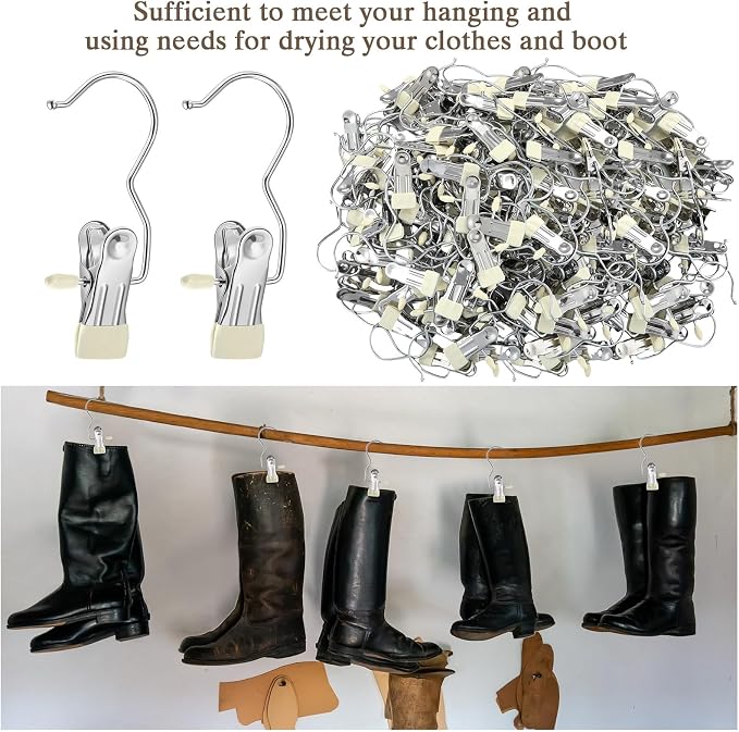 Yinder 150 Pcs Boot Hangers Clips Laundry Hooks Hanging Stainless Steel Clothes Pins Portable Clip Hangers for Closet Travel Socks Pants Handbags Hats Towels (Beige)
