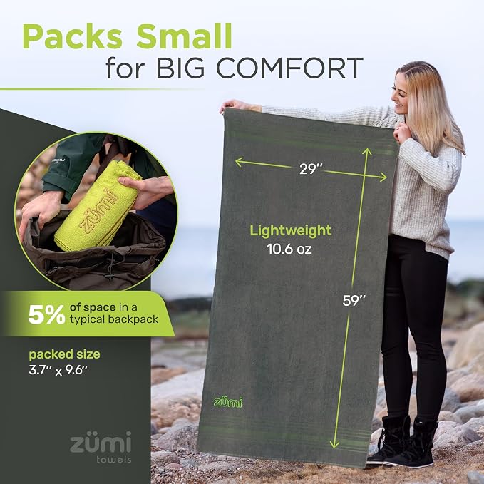 Zumi 100% Cotton Quick Dry Large Travel Towel - Soft, Thin, Compact, Highly Absorbent, Lightweight Camping Towel for Beach, Gym, Bath, Shower, Swimming, Pool, Dorm, RV - Gray