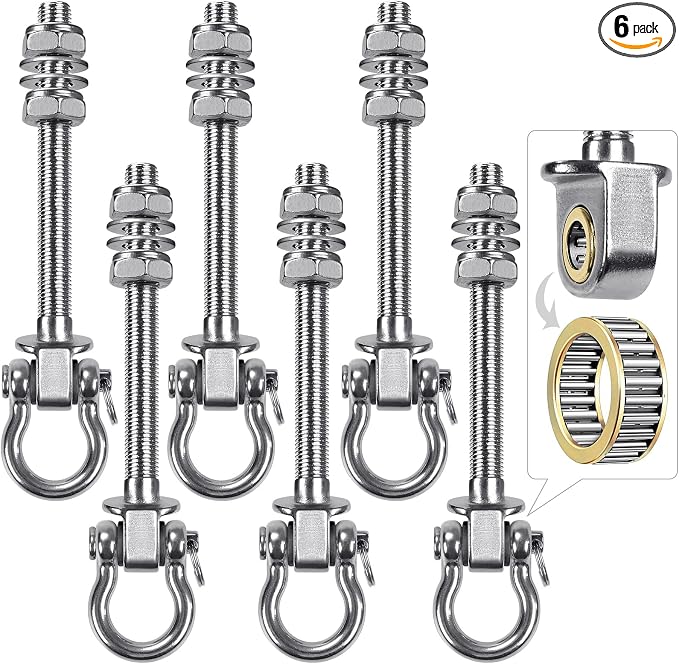 SELEWARE Heavy Duty Bearing Swing Hangers, 6 Pack Stainless Steel Swing Set Hooks for Wood and Steel Beam, for Hammock, Yoga Swing, Porch Swing, Heavy Bag, 5" x M2/5", 1500LB Capacity