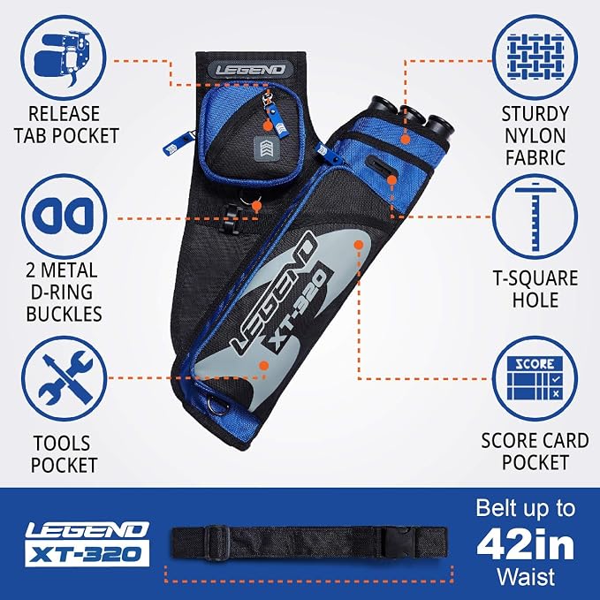 LEGEND XT320 Archery Quivers - Nylon Hip Quivers with 3 Arrow Tube Cases for Target Shooting - Adjustable Waist Belt, T-Slot, Storage Compartments for Accessories, Gear, Tools, Release Tab, Score Card