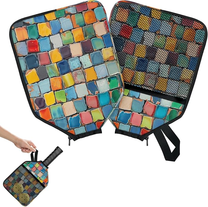 Colorful Titles Wall Universal Pickleball Paddle Cover 12.4 × 9.45 inch Racket Sleeve with Handle Strap Mesh Pocket Fits USAPA Standard Widebody Paddles 2 PCS