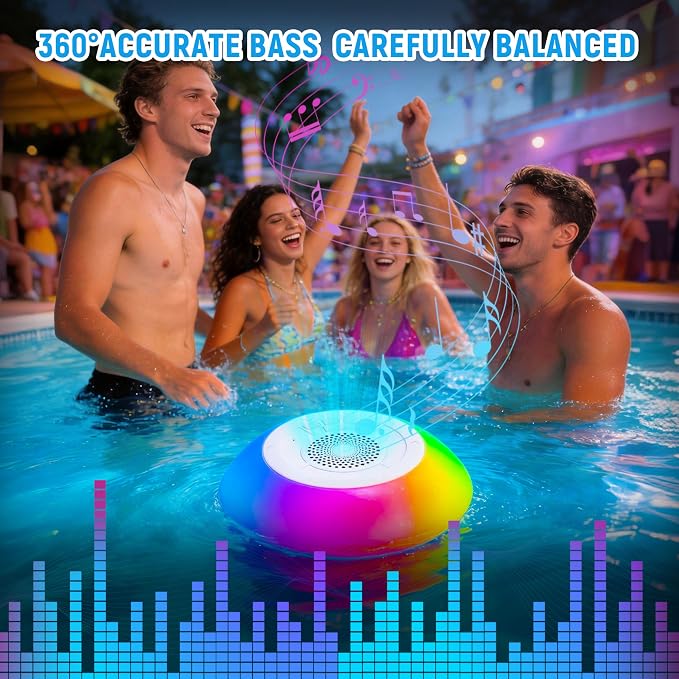 Floating Pool Speaker with Colorful Lights, IP68 Waterproof, Wireless Bluetooth, Built-in Mic, Surround Sound, for Outdoor Use and Hot Tubs (White)