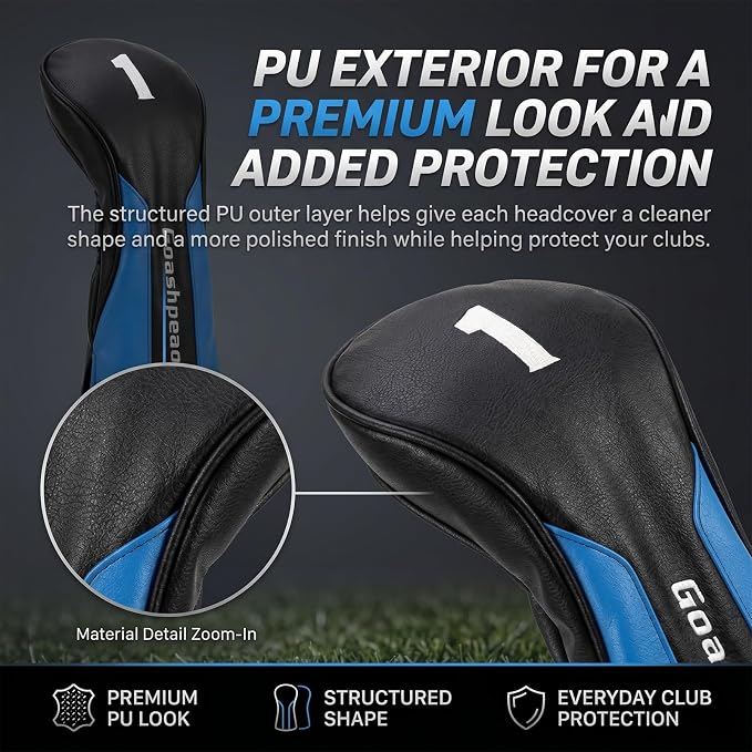 Premium PU Leather Golf Head Covers, Golf Club Headcovers for Driver Fairway Wood Hybrid, Protective PU Leather Wood Covers with Number Tags and Soft Lining