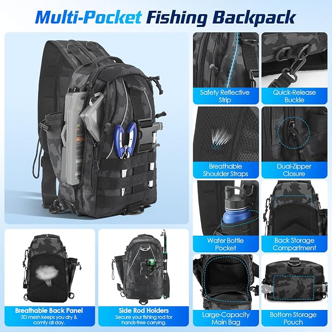 Fishing Tackle Backpack with 2 Tackle Boxes, 208PCS Complete Fishing Gear Kit for Beginners, Waterproof Fishing Bag Organizer with Fish Hook Remover, Lip Gripper, Pliers, Ideal Gift for Men