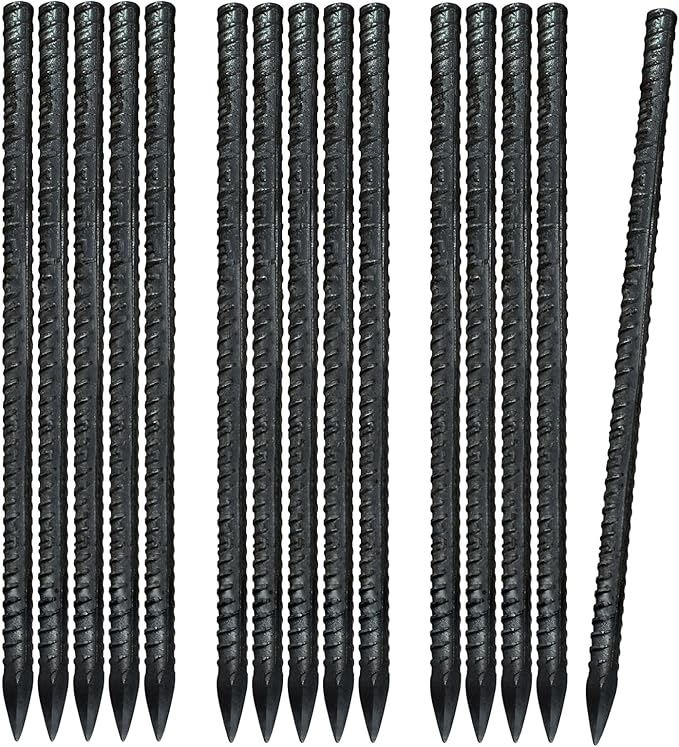 15 PCS Ground Rebar Stakes Heavy Duty Steel Ground Anchor Stakes, 15”Straight Metal Stakes for Concrete Forming or Camping Tent-with Chisel Point End