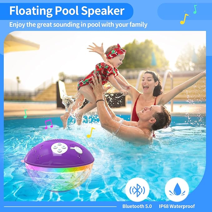 Floating Pool Speakers with Colorful Lights, Bluetooth Wireless Pool Speaker Floatable IP68 Waterproof, Built-in Mic & Crystal Clear Sound Bluetooth Hot Tub Speaker for Pool Party Outdoors