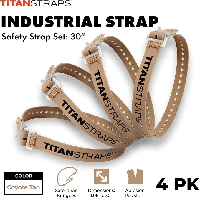 Titan Industrial Straps – Safety Strap Set to Secure Splits, Cargo Bikes, Garden Hoses, Wood Working Projects – 70 lb. Working Load, 30" Length, 4-Pack Coyote Tan