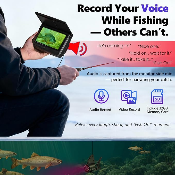 2026 𝐍𝐄𝐖 [Audio+Video Record] HD1080P Underwater Fishing Camera w/DVR 32GB, 10000mAh, 5'' OLED, Ice Fishing Camera Underwater Portable Fish Finder Gift for Men, IR, Ice and Boat Fishing, 65FT