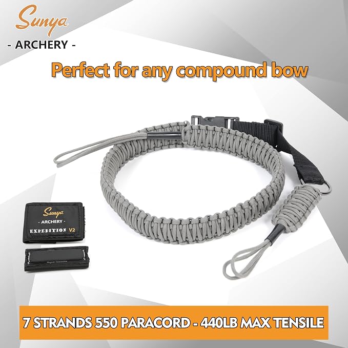 SUNYA Paracord Compound Bow Sling with V2 Upgraded Magnetic Connection System. Lightweight Hands Free Shoulder Carrying Sling for Bow Hunting, Field Archery and 3D