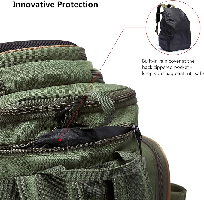 BASSDASH Fishing Tackle Backpack Water Resistant Tactical Bag Soft Tackle Box with Rod Holder and Protective Rain Cover