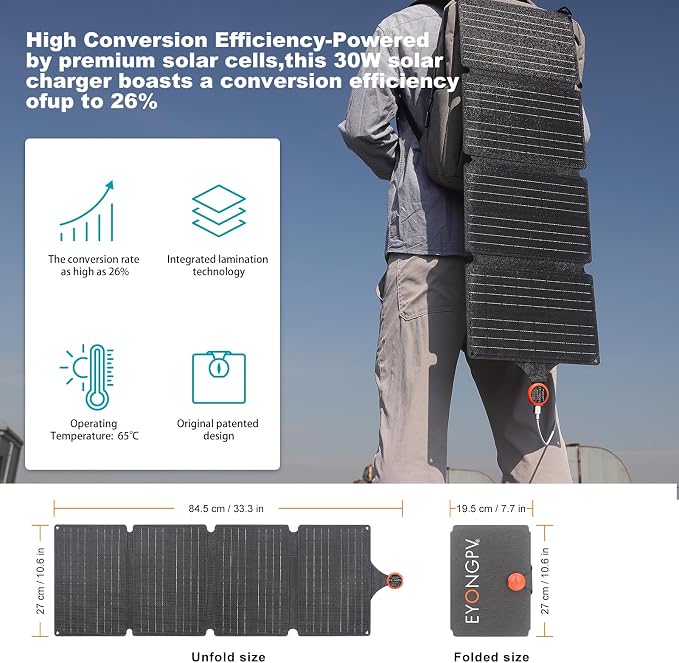 EYONGPV 30W Portable Foldable Solar Panel & Solar Charger with Croc-Eye USB-C PD Fast Charging Output, IP67 Waterproof Compact Solar Charger for Phones, Power Banks, Camping, Hiking, Backpacking
