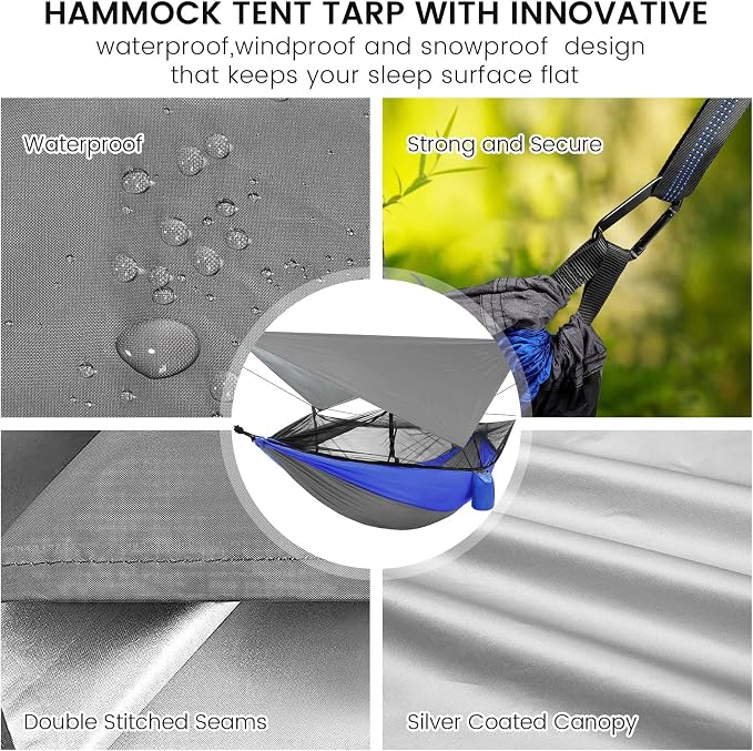 Camping Hammock with Mosquito Net & Rain Fly Tent Tarp & Tree Straps Portable Strong Nylon Hammock Parachute Tent w/Storage Bag for Camping Hiking Backyard Outdoor Backpacking Travel