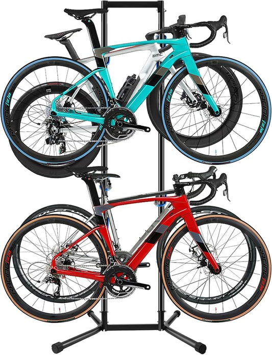 Stand Bike Storage Rack Garage Max 240lbs, Freestanding Gravity Indoor Bike Rack Holds 4 Bikes with Adjustable Arms, Vertical Bike Stand Space Saving for MTB, Road Bike