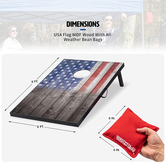 Wild Sports 2’x3’ or 2’x4’ Cornhole Outdoor Game Set, USA Flag or Natural Wood Options with Carry Bag Included – Perfect for Backyard, Beach, and Tailgates, Add On Extra Bags
