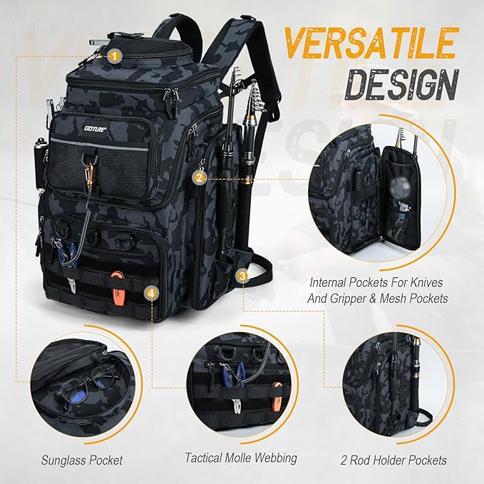 Goture Fishing Backpack, 900D Water-Resistant Tackle Bag with Rod Holders, Insulated Cooler Compartment, 55L Large Capacity Fishing Gear Storage for Saltwater&Freshwater Camping Hiking,Gifts for Men