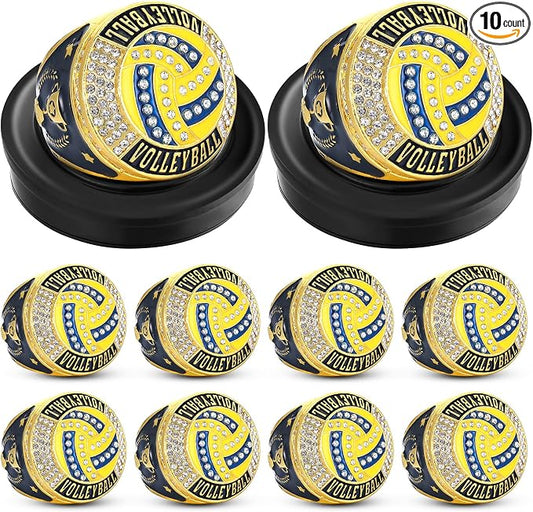 Highergo 10 Pcs Basketball Softball Baseball MVP Dancer Champion Trophy Ring with Display Stand Star Football Soccer Volleyball Golf Cheerleading Bowling Track Field