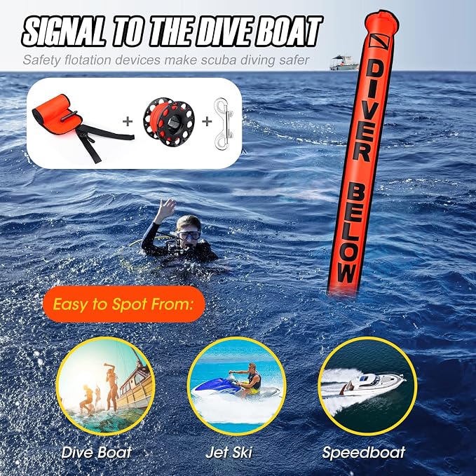 Surface Marker Buoy Set, 6ft Hi-Visibility Inflatable Closed Bottom Signal Tube Safety Sausage with 100ft/30m ABS Finger Spool Reel and Snap Kit for Underwater Scuba Diving
