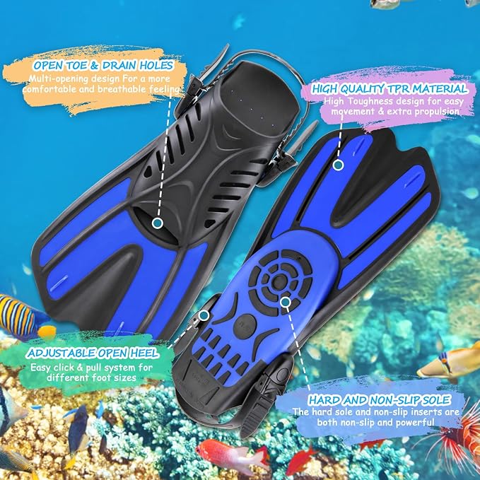 Snorkeling Gear for Kids, 4 in 1 Child Mask Fins Snorkel Set with Panoramic View Anti Fog Mask, Dry Top Snorkel, Trek Fins and Travel Bag, Kids Snorkeling Set with Fins for Snorkeling Swimming