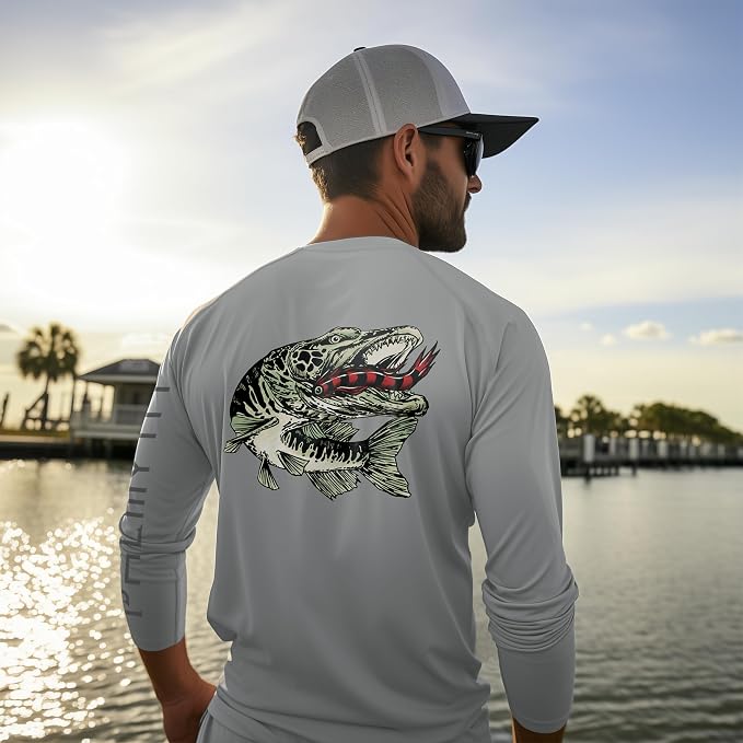 Palmyth Fishing Shirts for Men Long Sleeve UPF 50+ T Shirt Sun Protection | Quick Dry, Sun Protection, Myth-Cool Fabric, Fish Print, Moisture Wicking, Stretchy, Breathable, Fishing,Boating,Outdoor Wear
